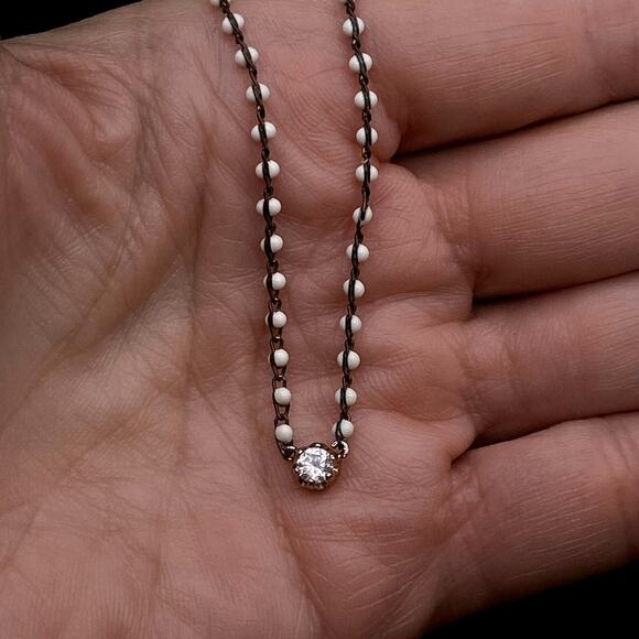 Dainty CZ Milk Glass Choker Pendant Necklace Antique Gold Tone Wire Wrapped - Picture 5 of 5